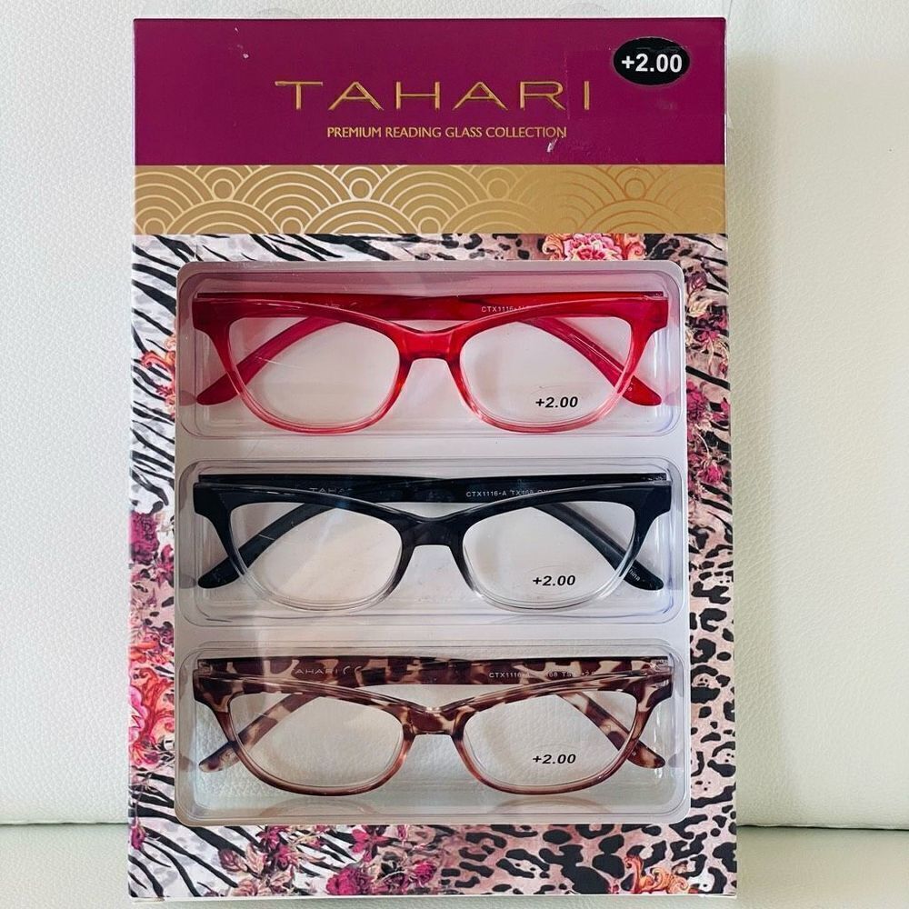 NWT 3 Pack 2.00 TAHARI Premium Eye Reading Glasses Black, Pink & Brown Animal Pr